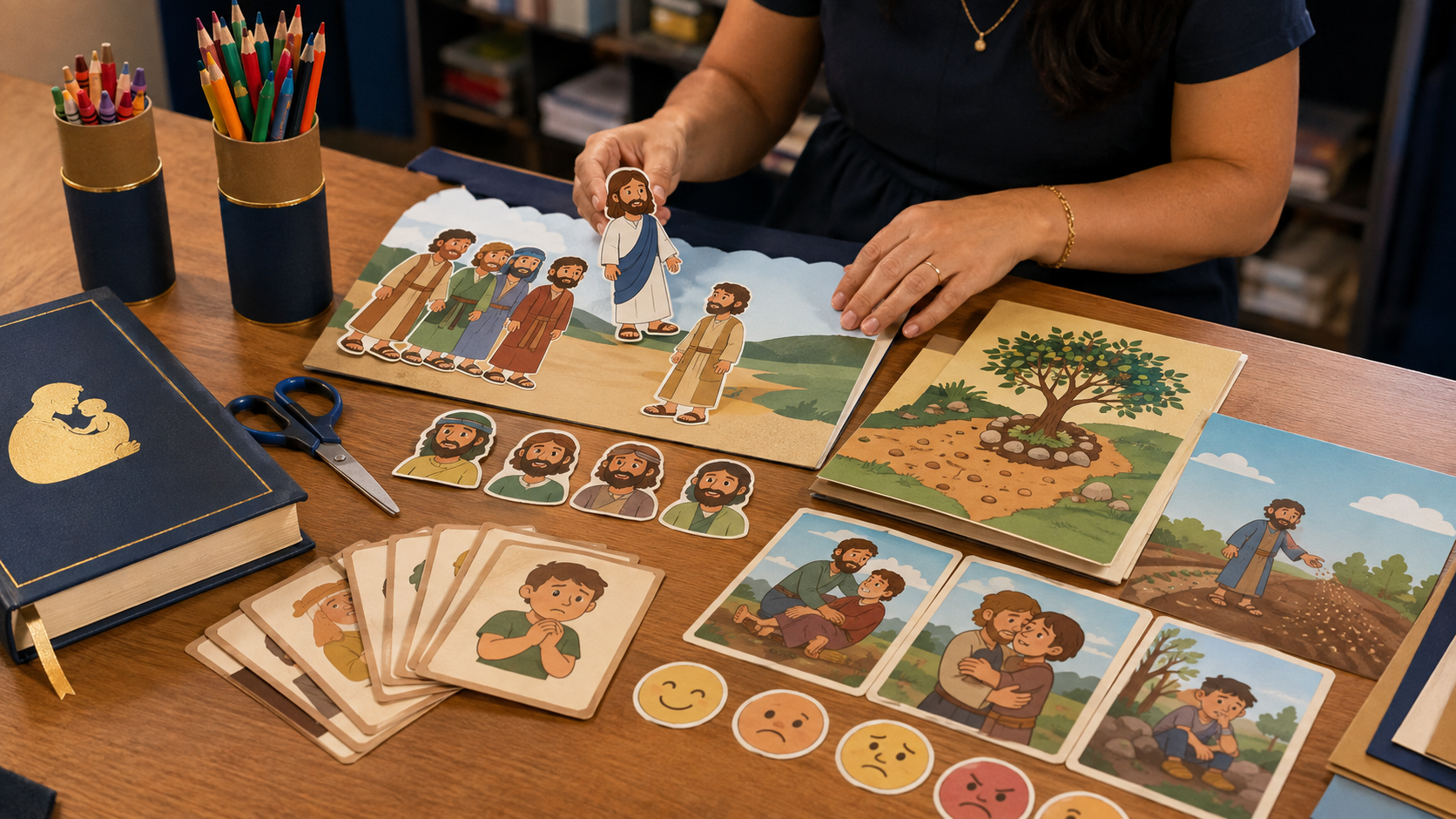 Painel ilustrado de Jesus com materiais de apoio