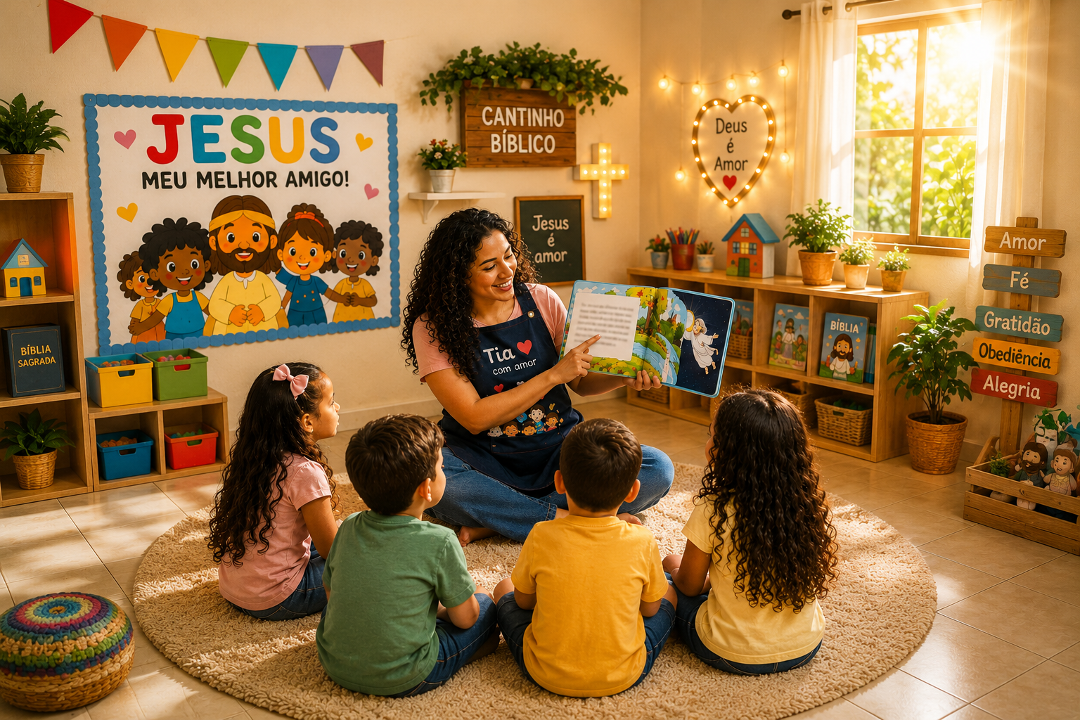 Educadora lendo uma história bíblica para crianças